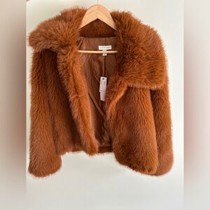 TopShop Faux Fur Foxy Brown Coat Pockets, Hook & Eye Closure Small 6 Petite NWT